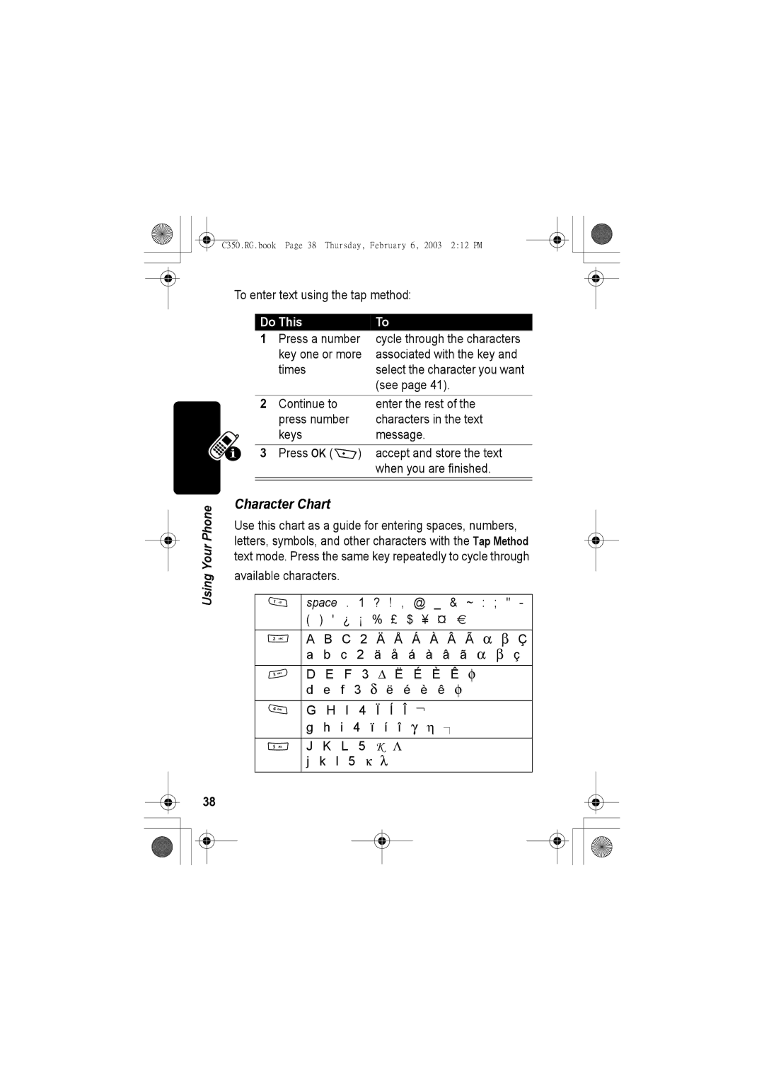 Jabra C350 manual Character Chart 