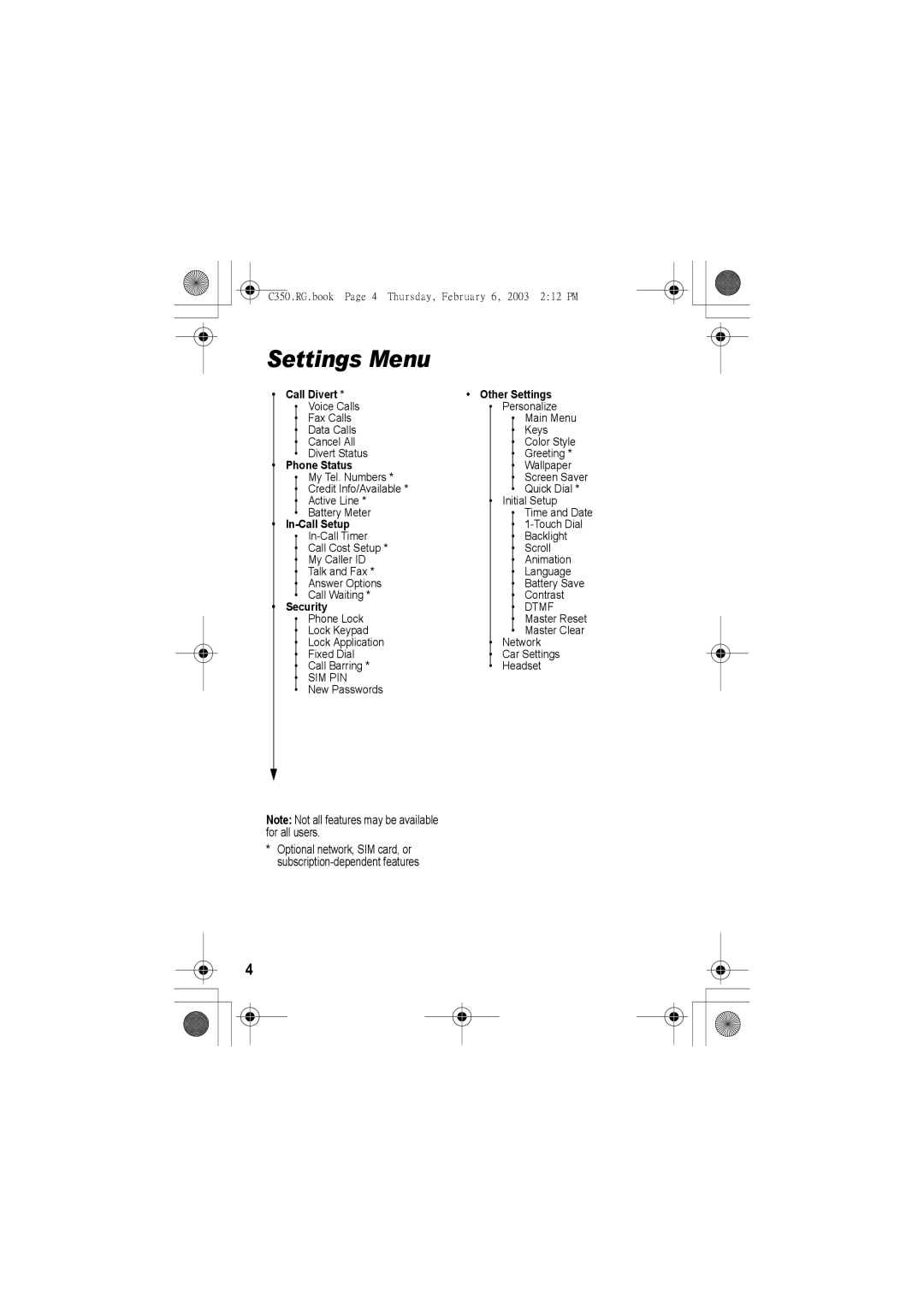 Jabra C350 manual Settings Menu, Call Divert Other Settings 