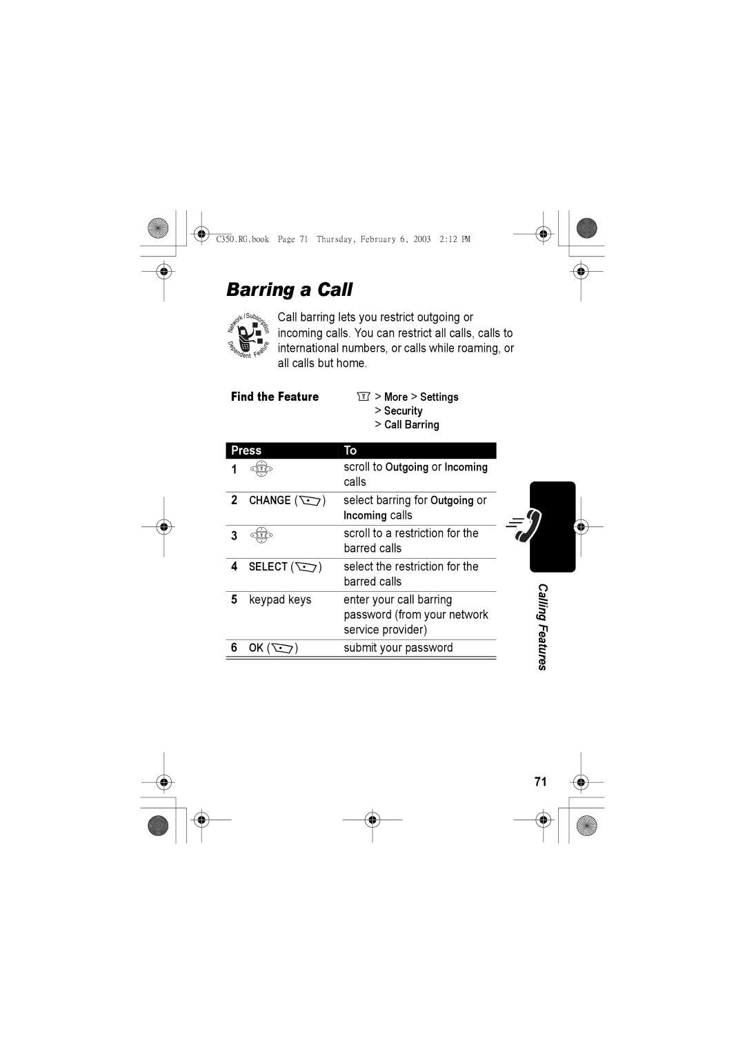 Jabra C350 manual Barring a Call, Security, Call Barring, Incoming calls 