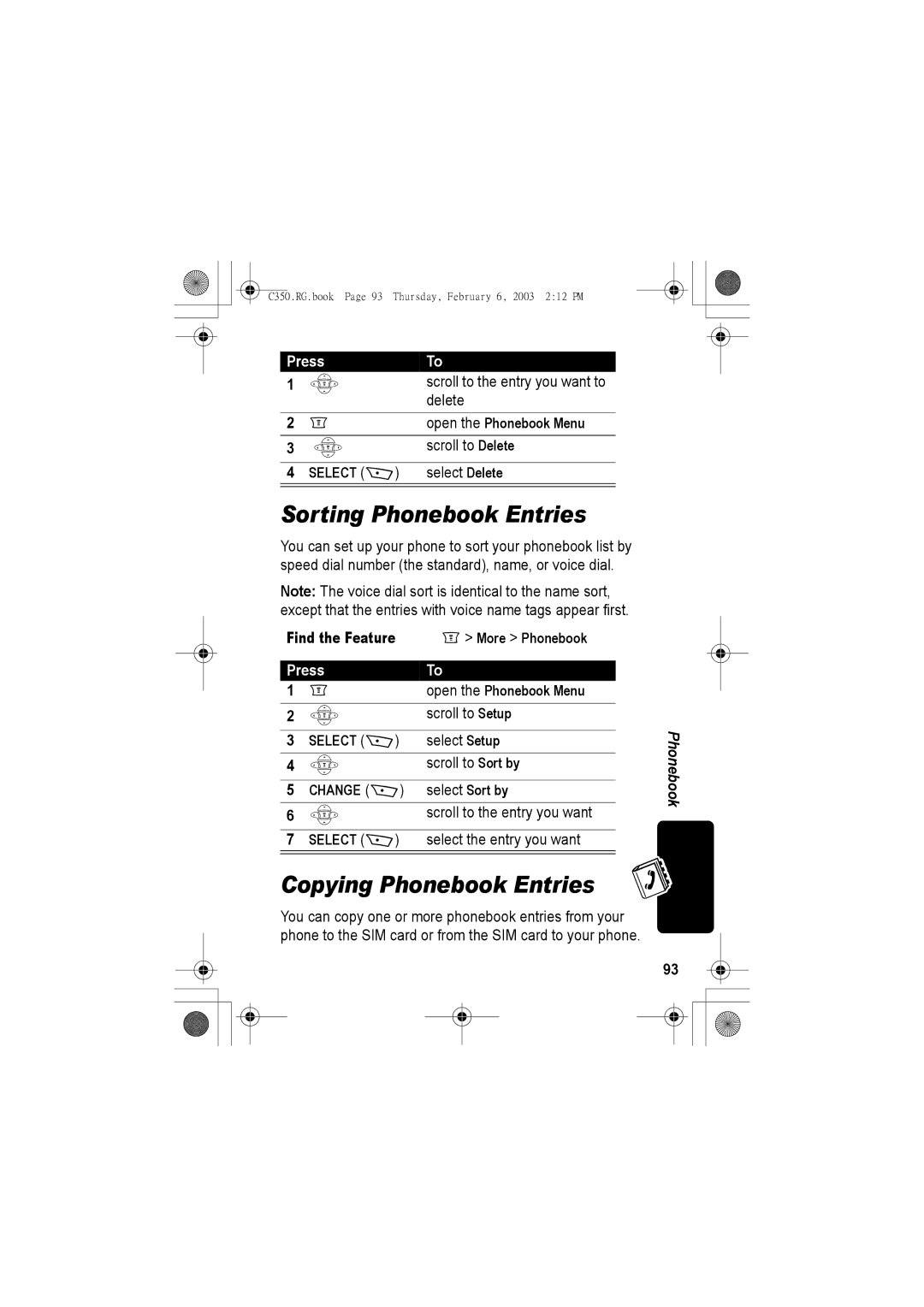 Jabra C350 manual Sorting Phonebook Entries, Copying Phonebook Entries, Open the Phonebook Menu 