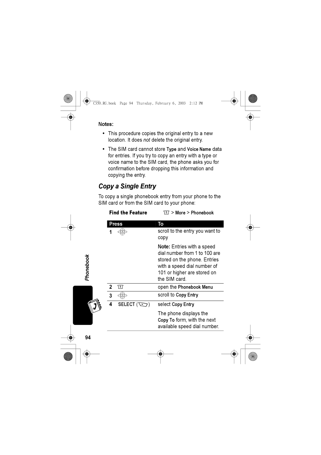 Jabra C350 manual Copy a Single Entry, Scroll to the entry you want to copy, Scroll to Copy Entry, Select Copy Entry 