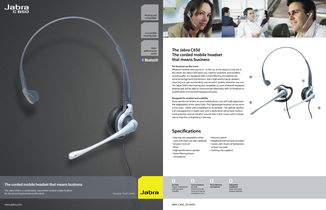 Jabra specifications Speciﬁcations, Jabra C650 Corded mobile headset that means business 
