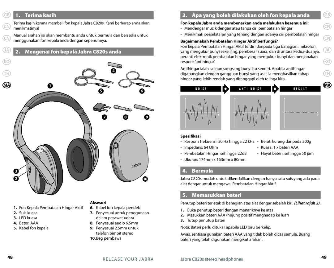 Jabra C820s specifications GB 1. Terima kasih, Apa yang boleh dilakukan oleh fon kepala anda, Bermula, Memasukkan bateri 