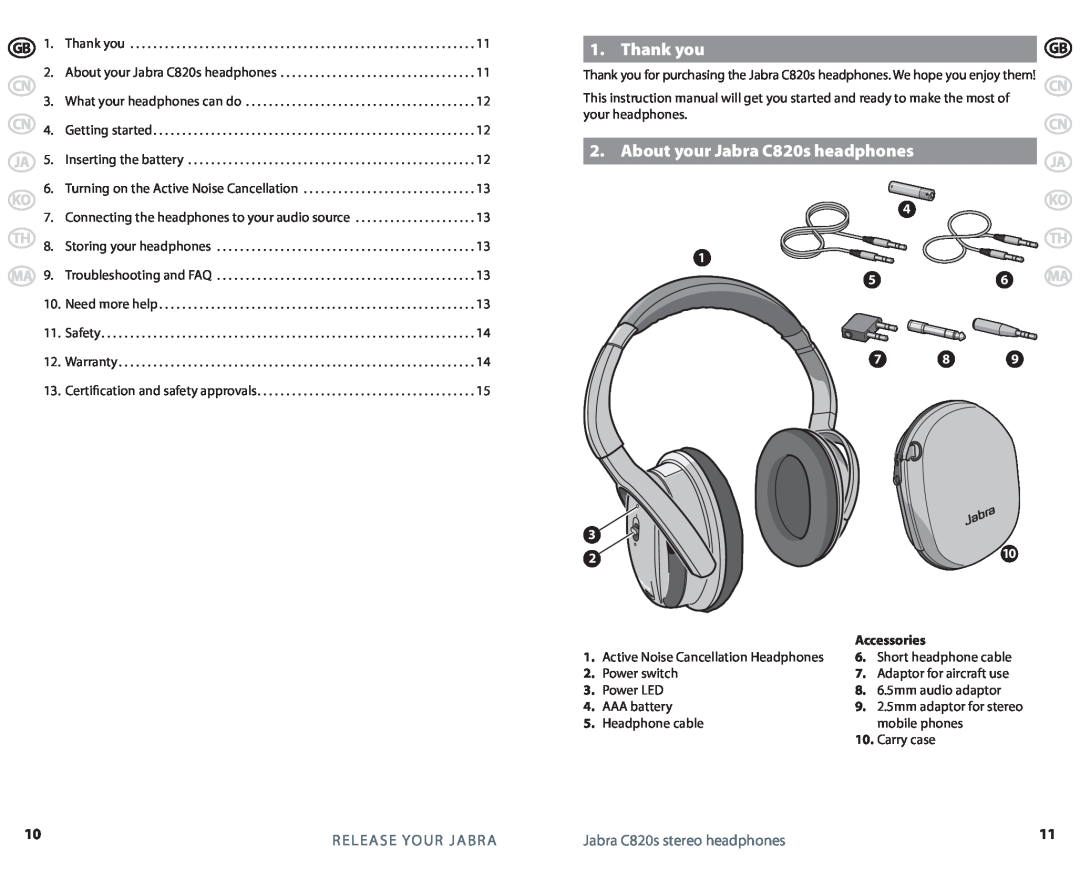 Jabra specifications Thank you, About your Jabra C820s headphones, Release Your Jabra, Jabra C820s stereo headphones 