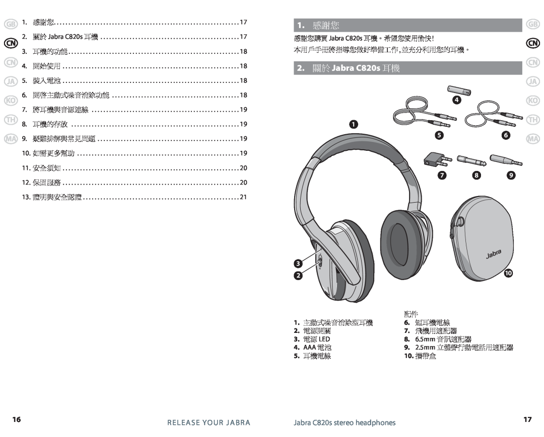 Jabra specifications 1. 感謝您, 2. 關於 Jabra C820s 耳機, Release Your Jabra, Jabra C820s stereo headphones 