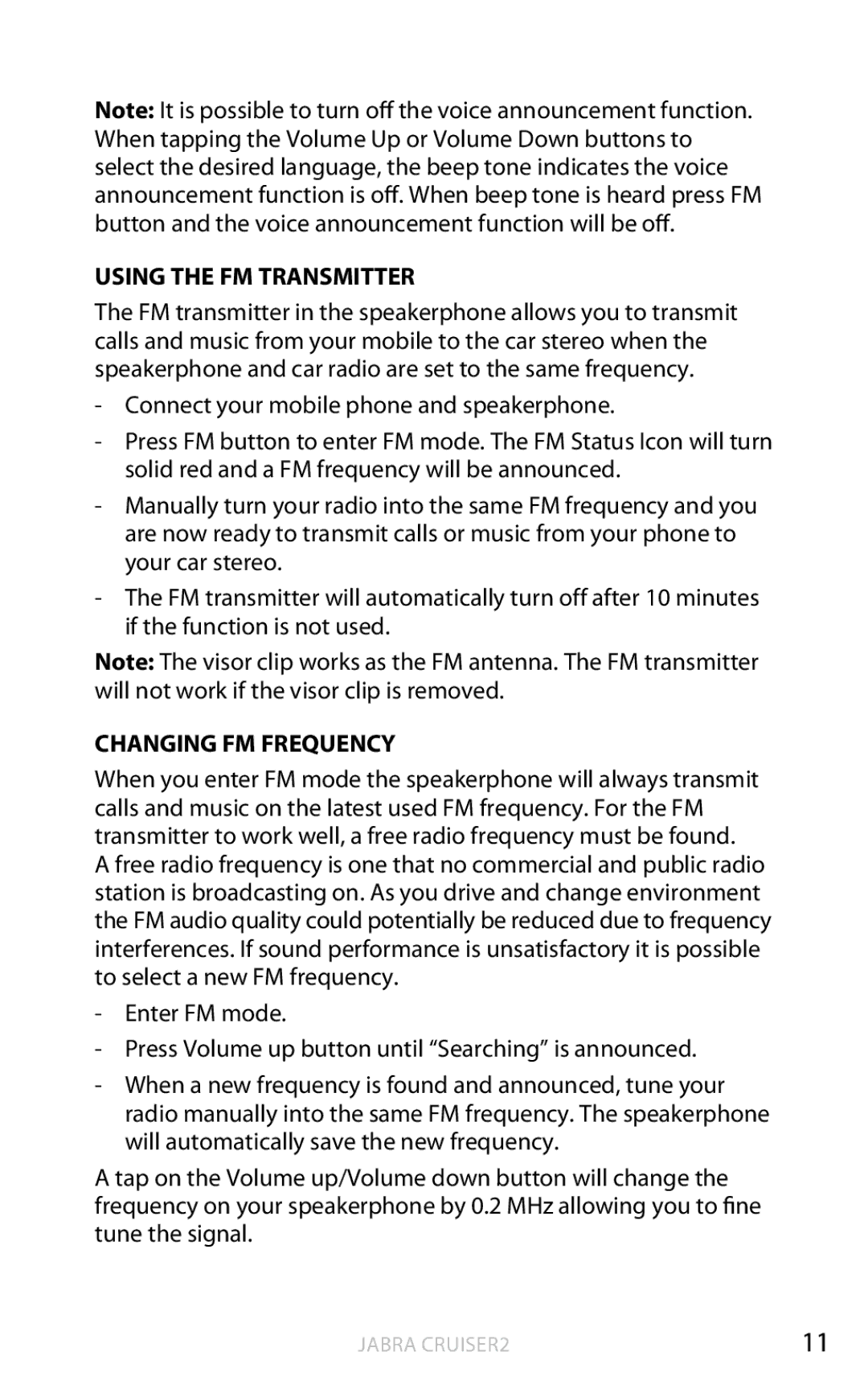 Jabra CRUISER2 user manual Using the FM Transmitter 