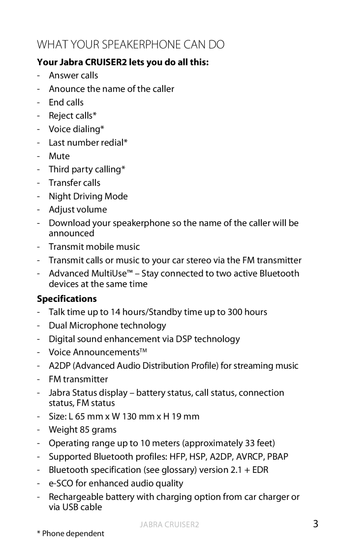 Jabra user manual What Your Speakerphone can do, Your Jabra CRUISER2 lets you do all this, Specifications 