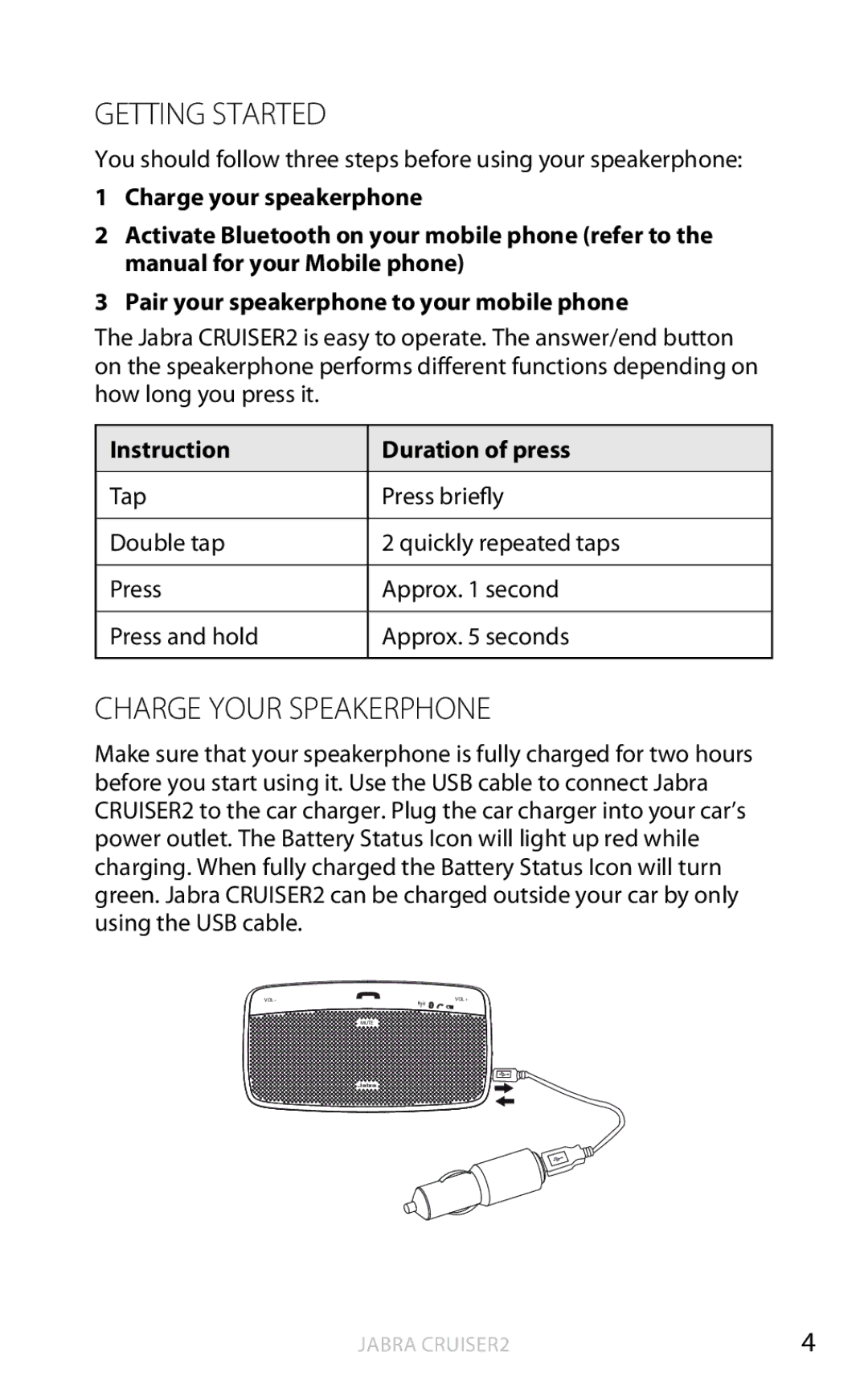 Jabra CRUISER2 user manual Getting Started, Charge Your Speakerphone, Instruction Duration of press 