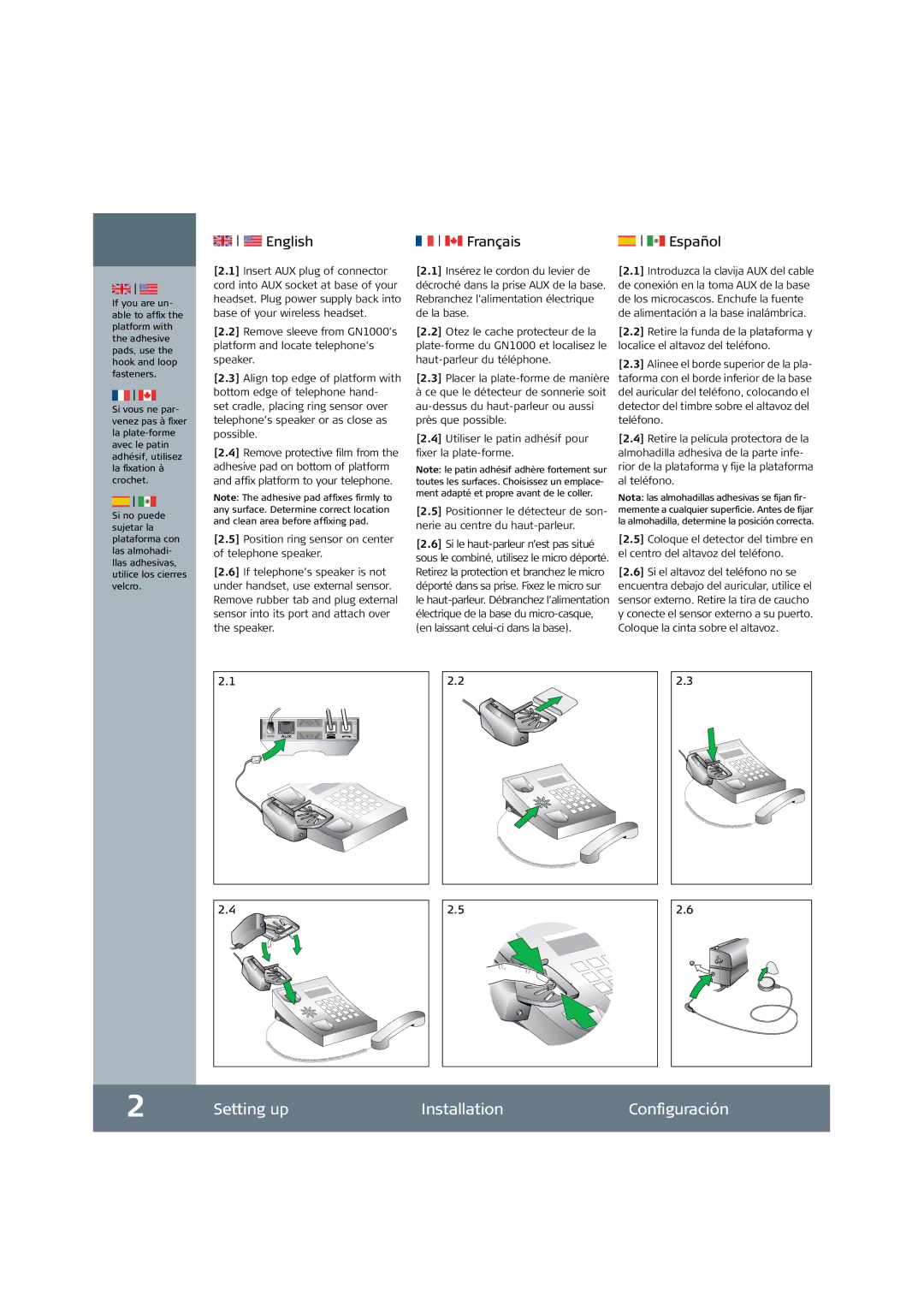 Jabra GN1000 setup guide Setting up Installation Configuración 