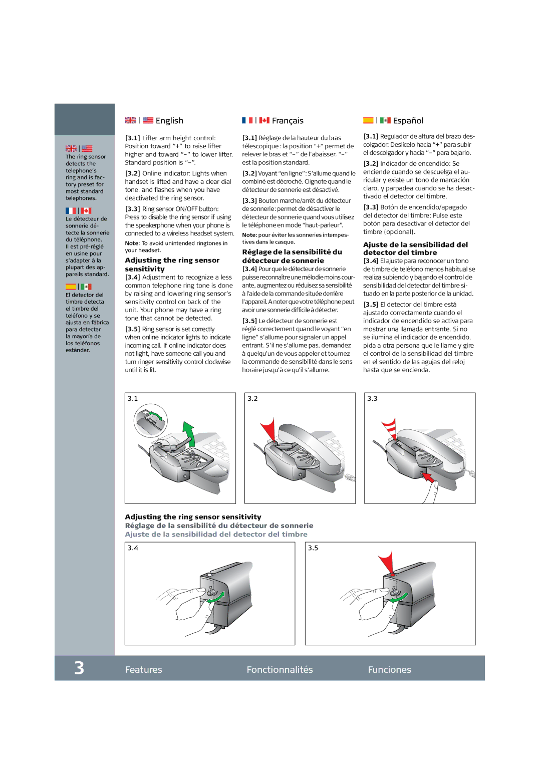 Jabra GN1000 setup guide Features Fonctionnalités Funciones, Adjusting the ring sensor sensitivity 