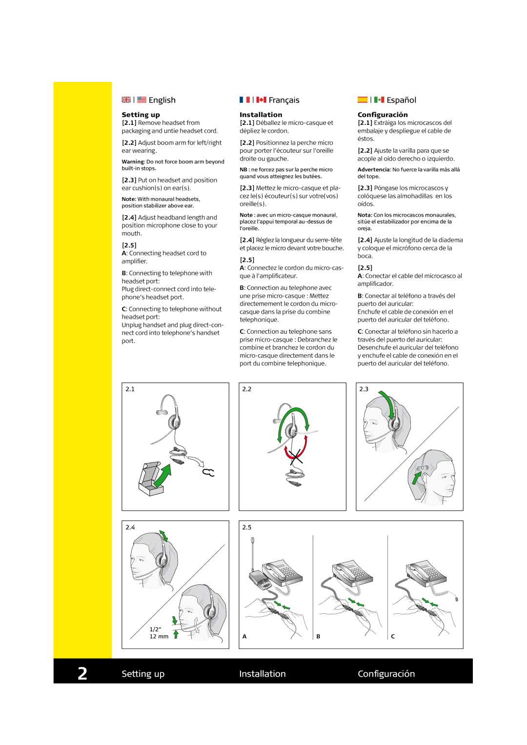 Jabra GN2000 quick start English, Setting up, Installation, Configuración 