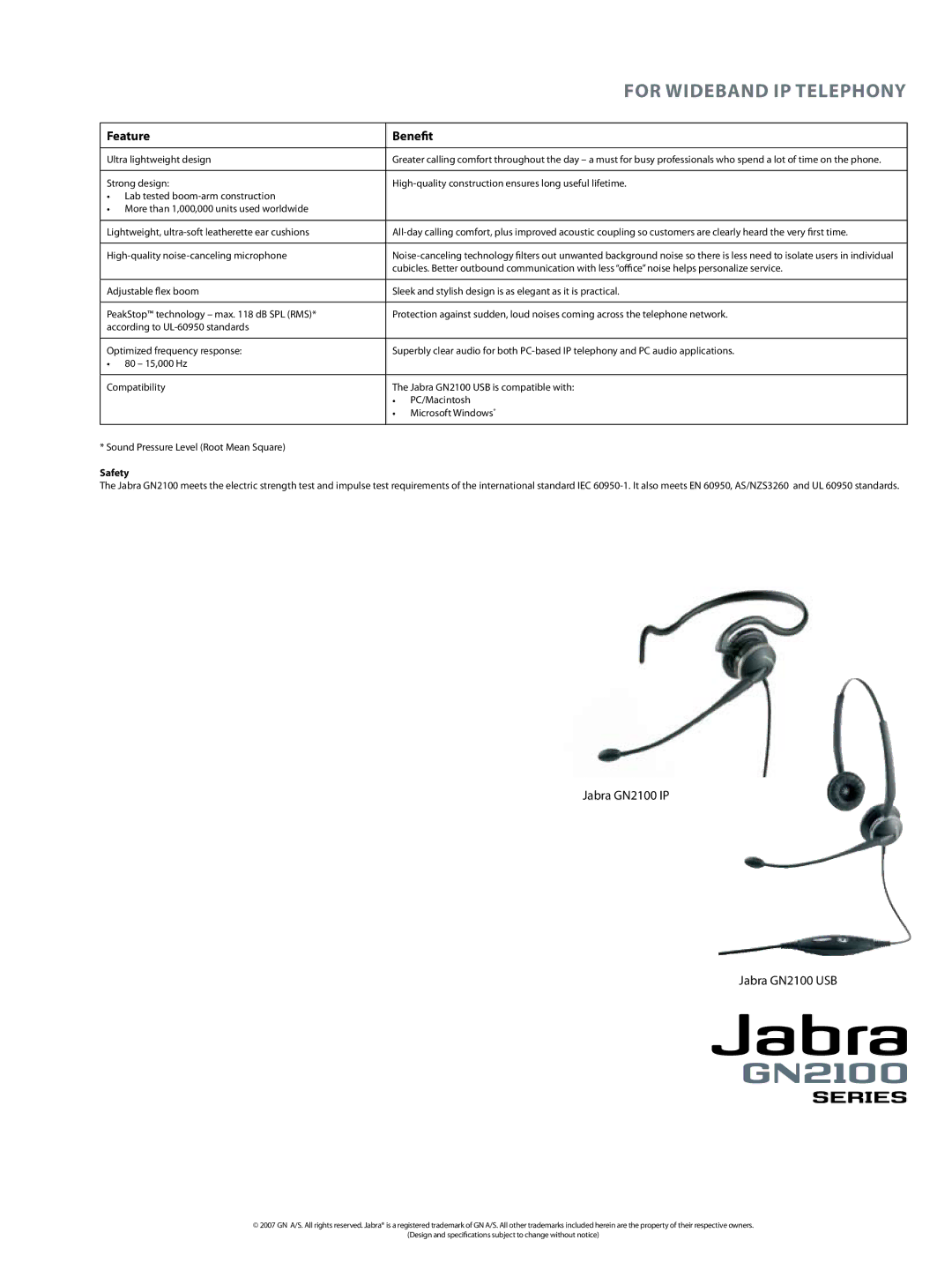 Jabra manual Feature Benefit, Jabra GN2100 IP Jabra GN2100 USB, Ultra lightweight design, Safety 