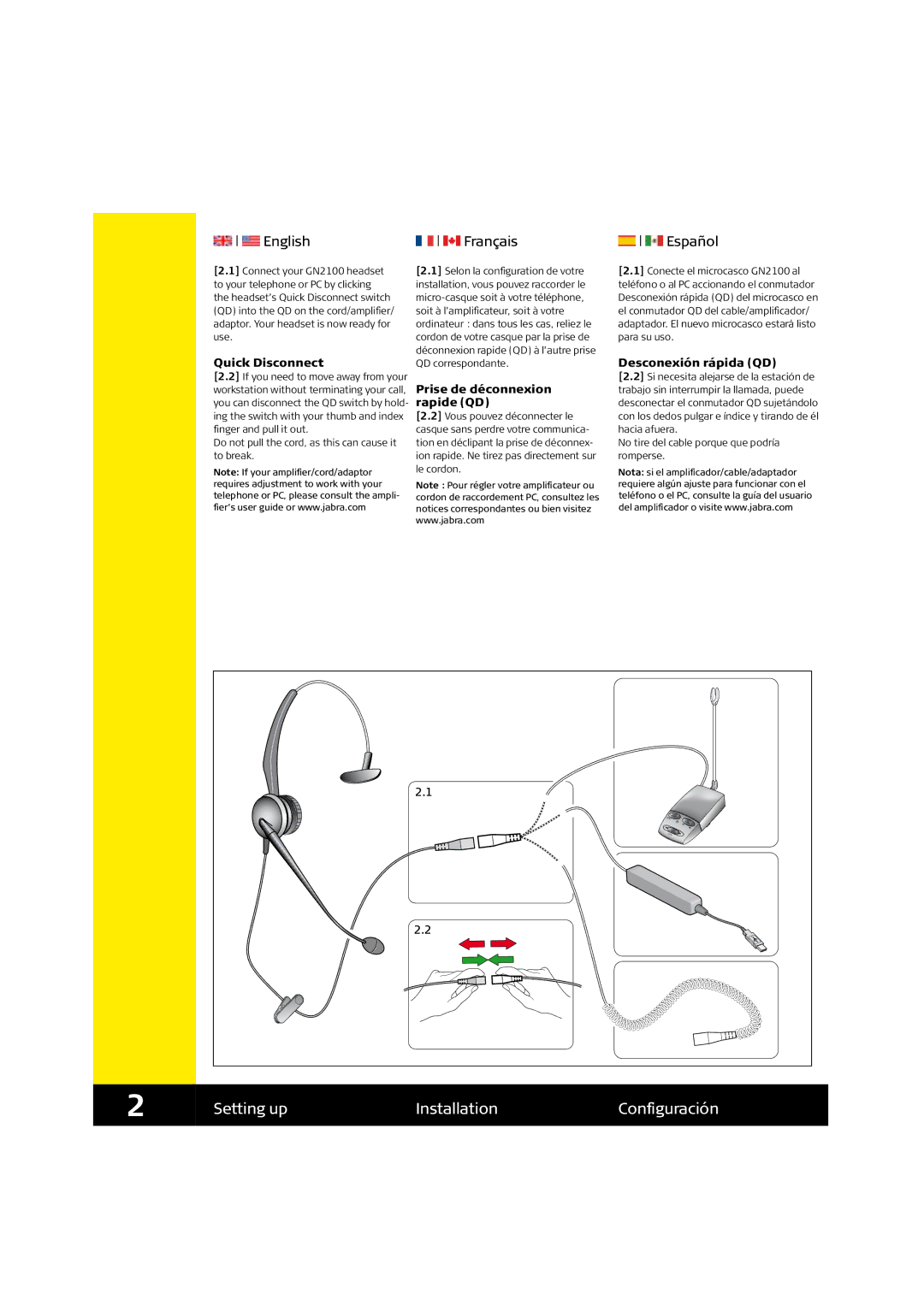 Jabra GN2100 quick start Setting up Installation Configuración, Quick Disconnect, Prise de déconnexion rapide QD 