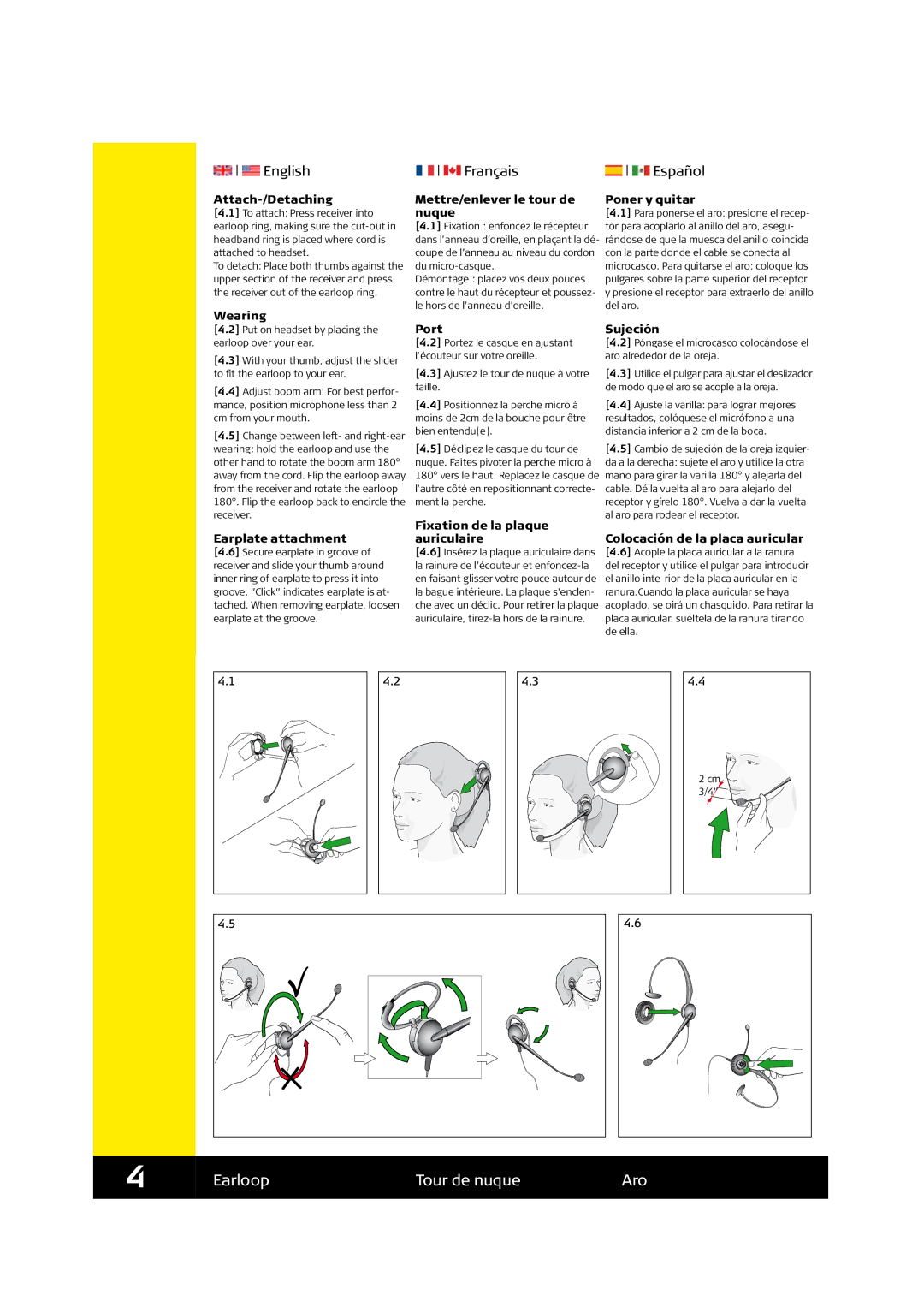 Jabra GN2100 quick start Earloop Tour de nuque Aro, Wearing Mettre/enlever le tour de nuque, Port 