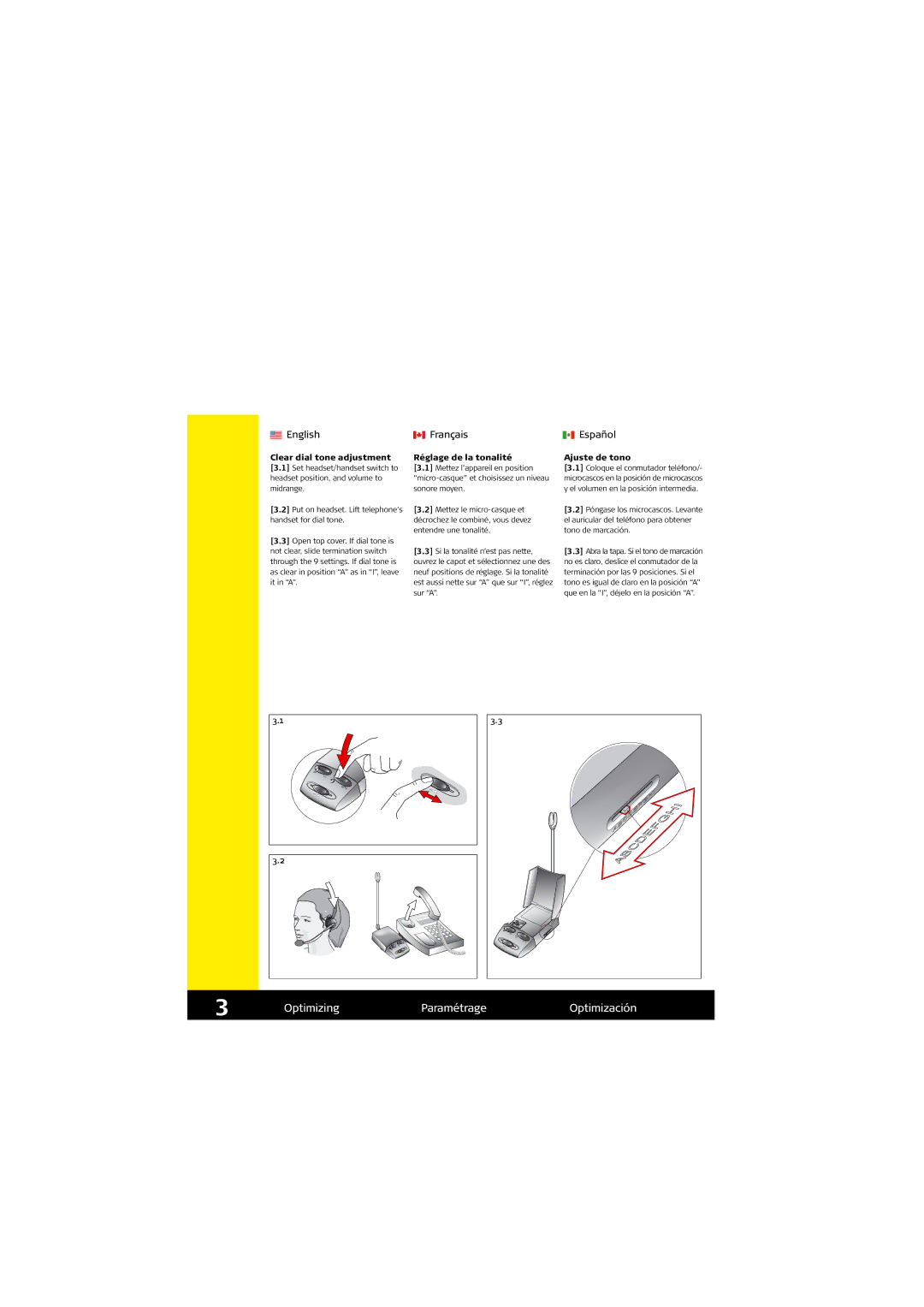 Jabra GN8210 Optimizing Paramétrage Optimización, English, Français Español, Réglage de la tonalité Ajuste de tono 