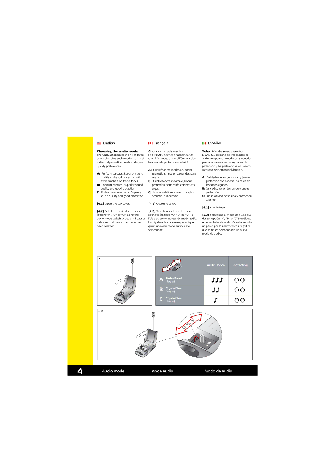 Jabra GN8210 Audio mode Mode audio Modo de audio, Choosing the audio mode, Choix du mode audio, Selección de modo audio 