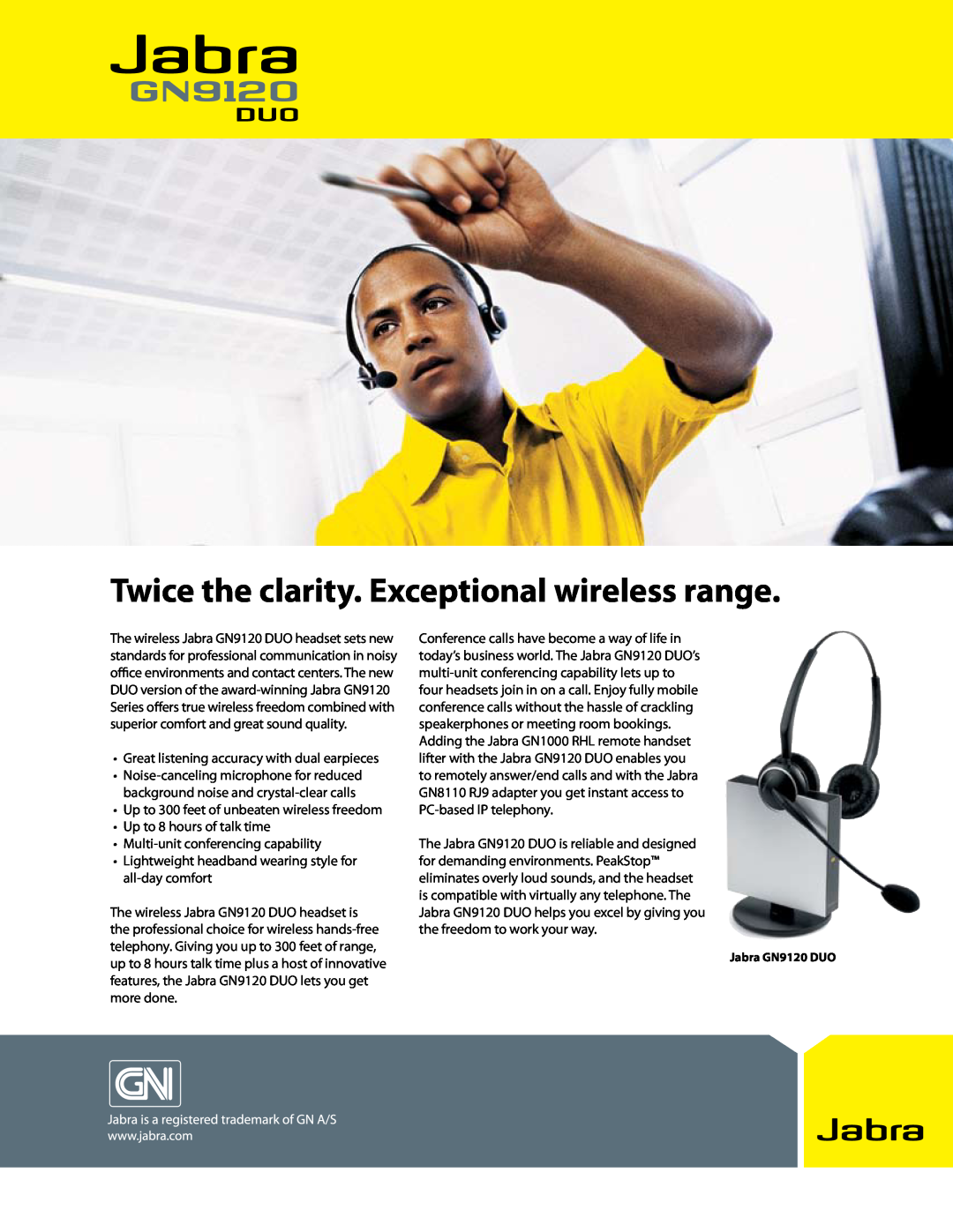 Jabra manual jabra, Jabra GN9120 DUO, Twice the clarity. Exceptional wireless range, Up to 8 hours of talk time 