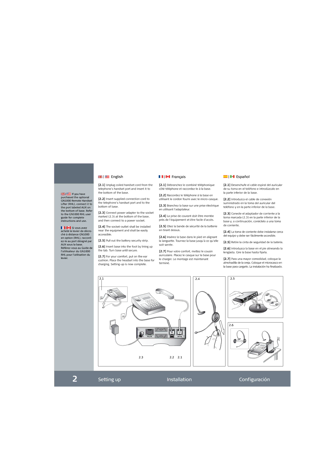 Jabra GN9120 setup guide Setting up Installation Configuración, English Français Español 