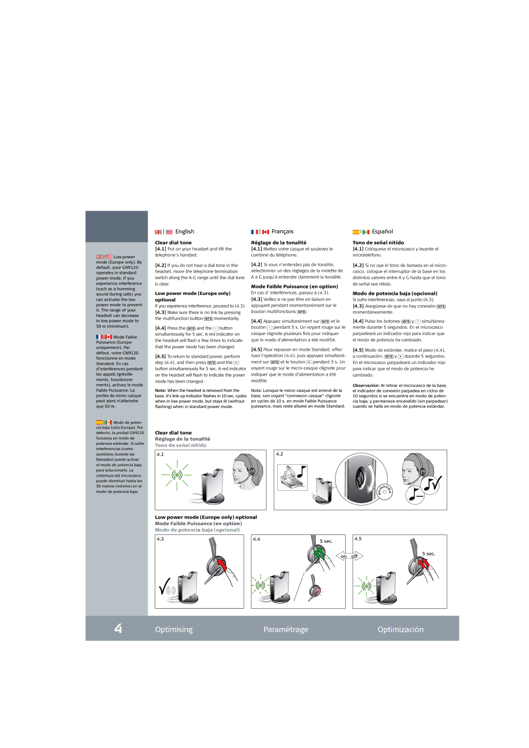 Jabra GN9120 setup guide Optimising, Paramétrage Optimización, English, Tono de señal nítido 