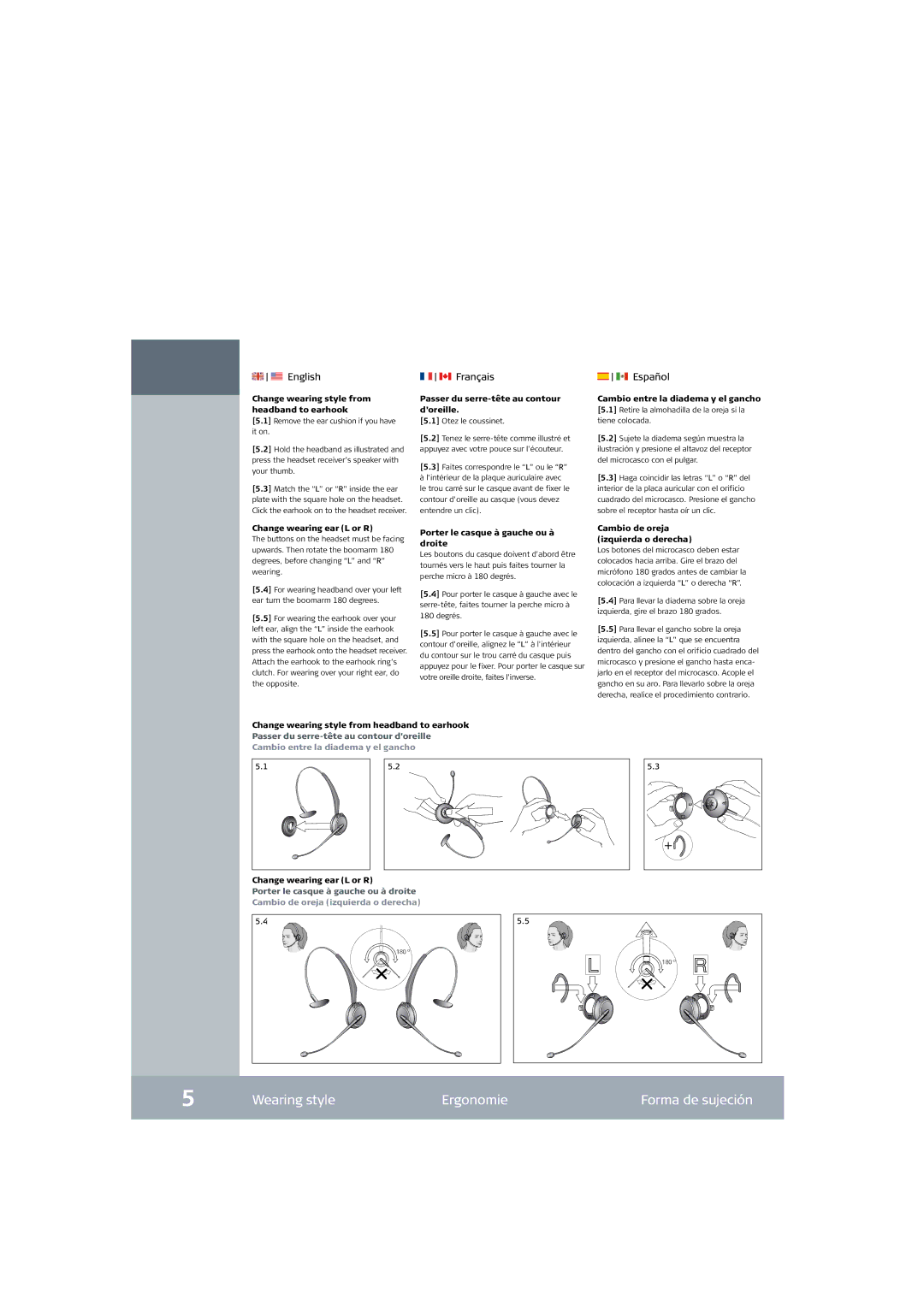 Jabra GN9120 setup guide Wearing style Ergonomie Forma de sujeción, Cambio de oreja izquierda o derecha 