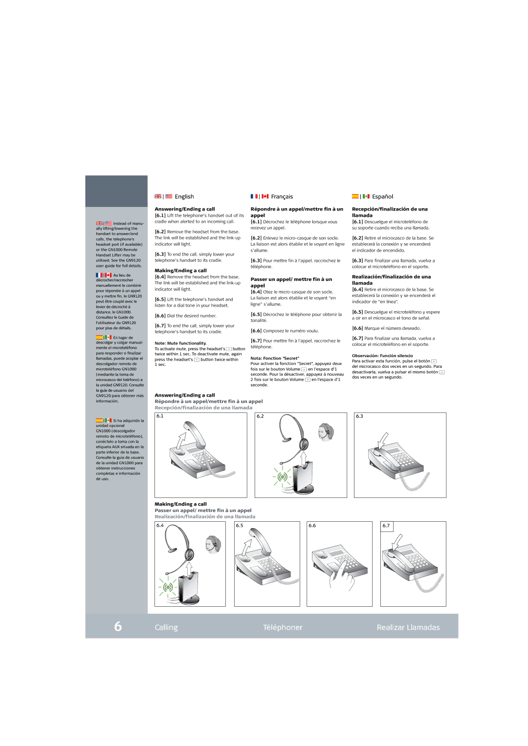 Jabra GN9120 setup guide Calling Téléphoner Realizar Llamadas, Recepción/finalización de una llamada 