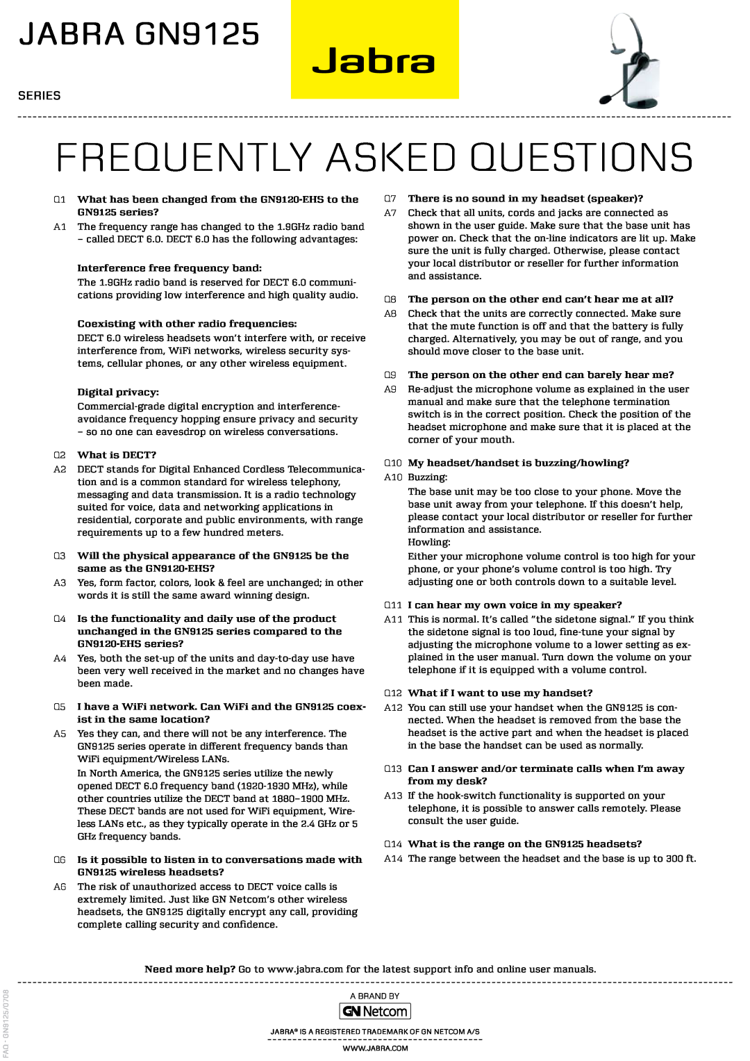 Jabra user manual Frequently asked questions, Jabra GN9125, Series 
