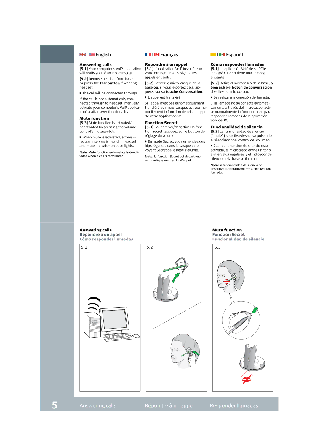 Jabra GN9330 manual Answering calls Répondre à un appel Responder llamadas 