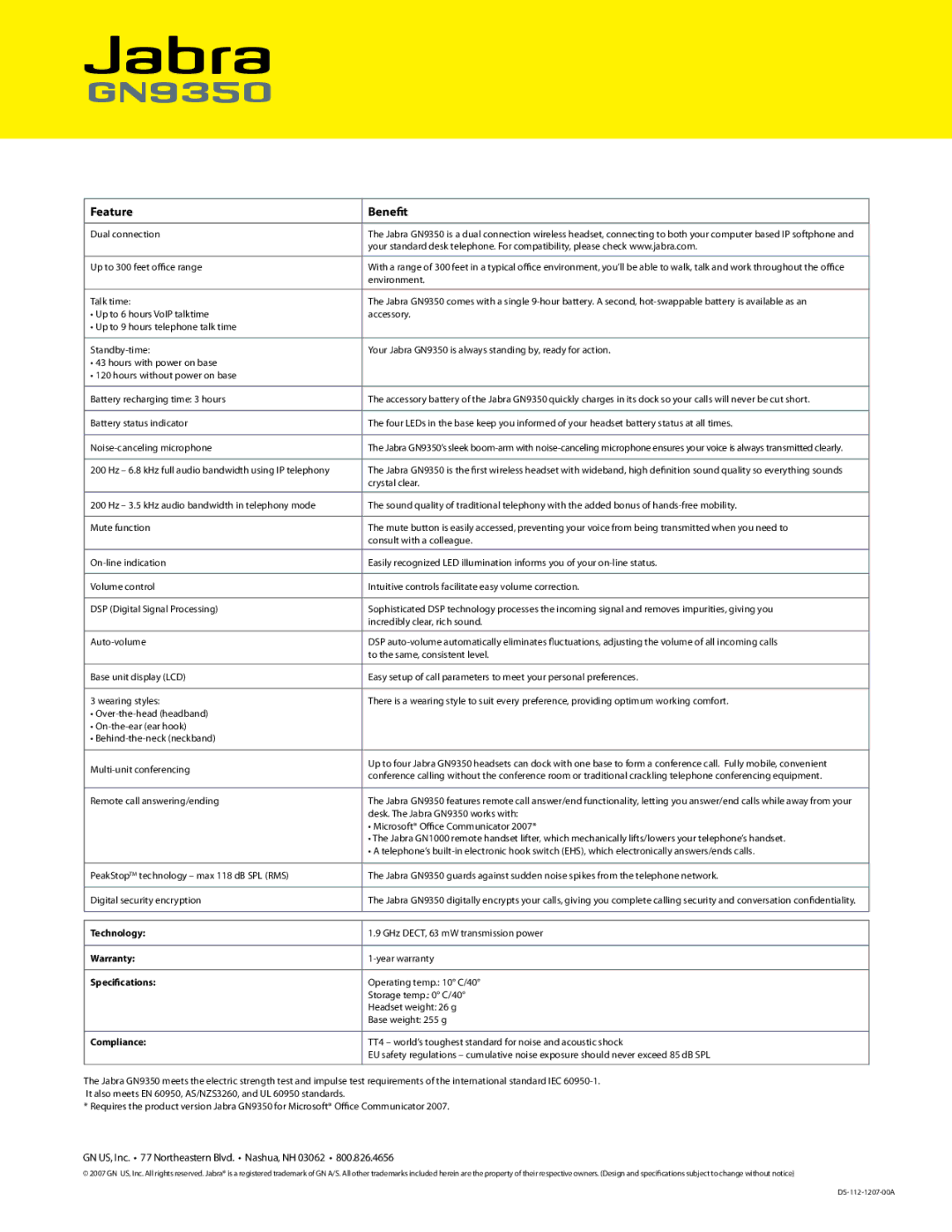 Jabra GN9350 manual Feature Benefit, Technology, Warranty, Specifications, Compliance 