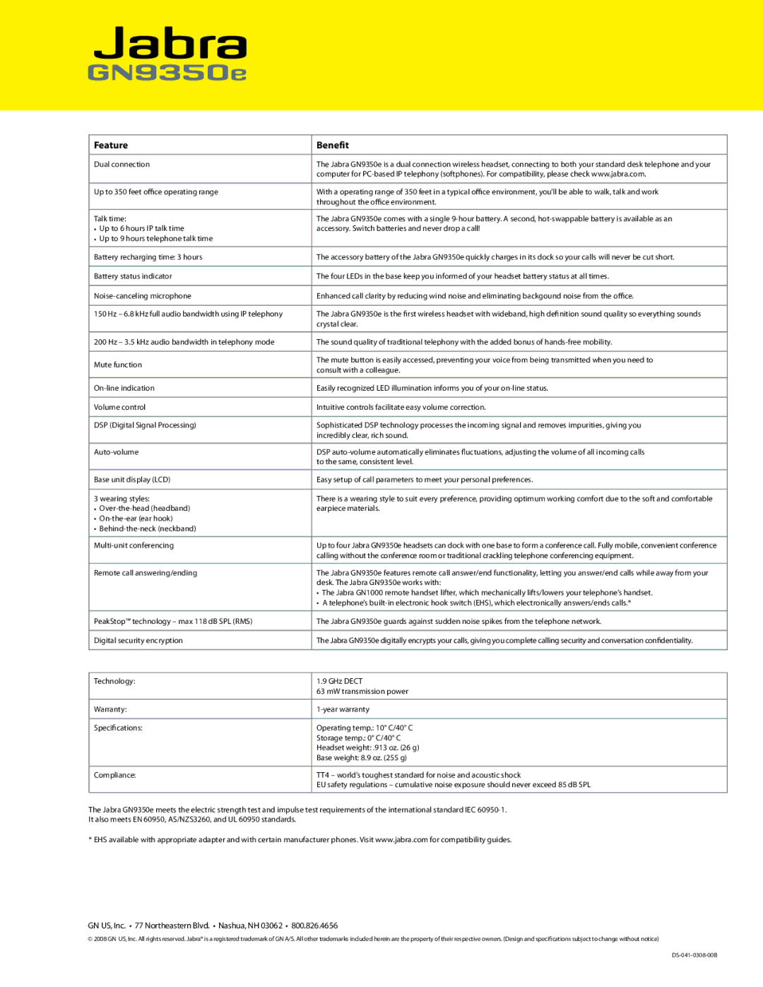 Jabra GN9350e manual Feature Benefit, Dual connection, Crystal clear, Remote call answering/ending 