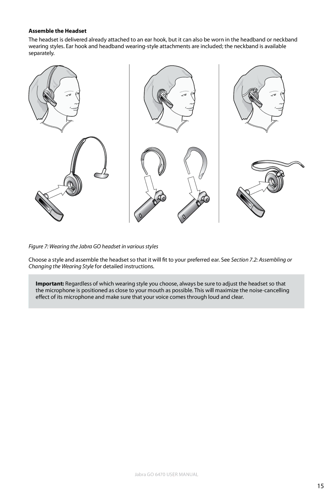 Jabra GO 6470 user manual Assemble the Headset, Wearing the Jabra GO headset in various styles 