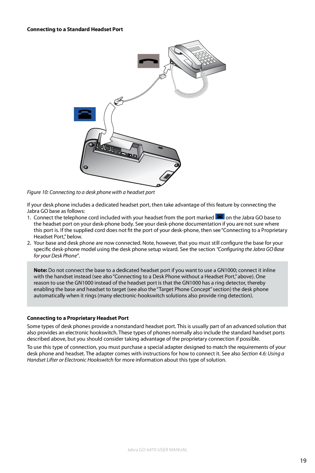 Jabra GO 6470 user manual Connecting to a Standard Headset Port, Connecting to a Proprietary Headset Port 