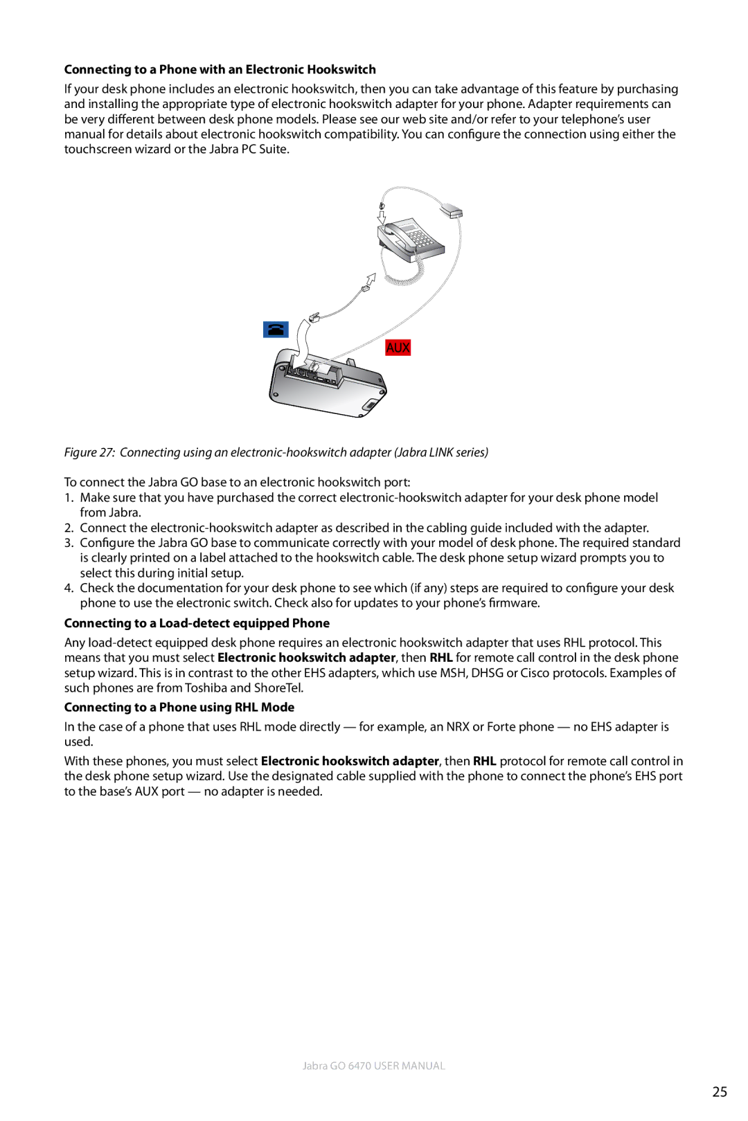 Jabra GO 6470 user manual Connecting to a Phone with an Electronic Hookswitch, Connecting to a Load-detect equipped Phone 