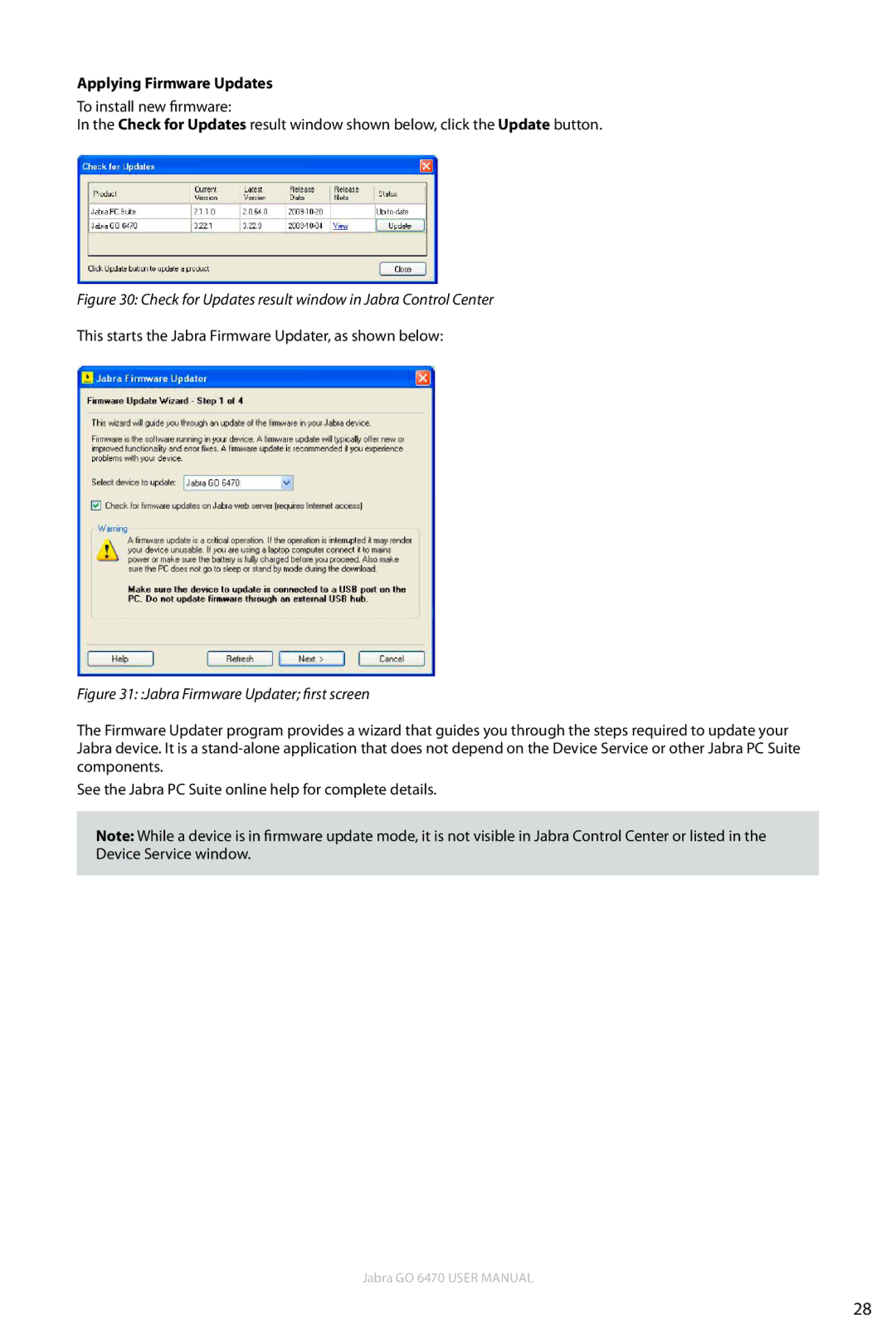 Jabra GO 6470 user manual Applying Firmware Updates, Check for Updates result window in Jabra Control Center 