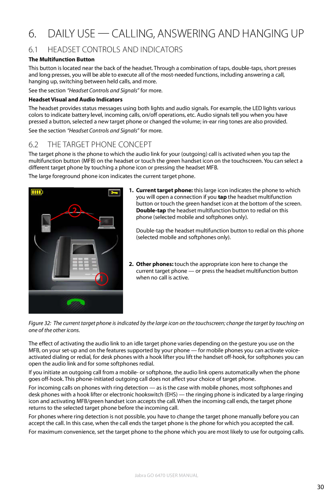 Jabra GO 6470 Daily Use Calling, Answering and Hanging Up, Headset Controls and Indicators, Target Phone Concept 