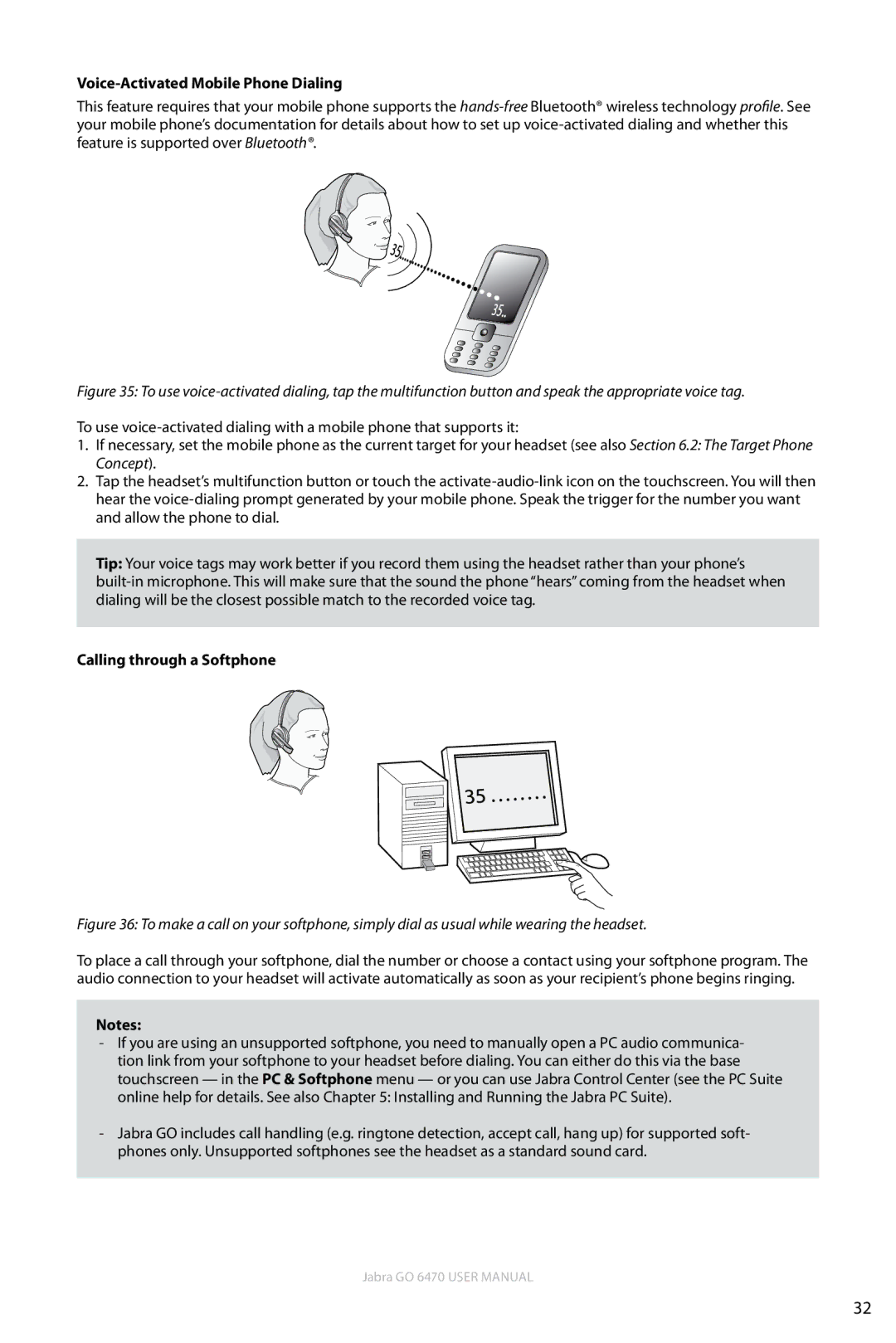 Jabra GO 6470 user manual Voice-Activated Mobile Phone Dialing, Calling through a Softphone 