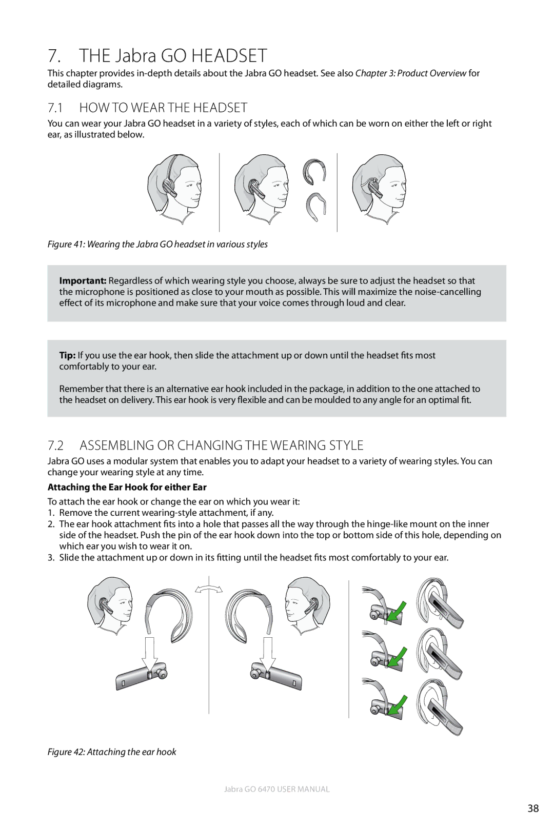 Jabra GO 6470 user manual Jabra GO Headset, How to Wear the Headset, Assembling or Changing the Wearing Style 