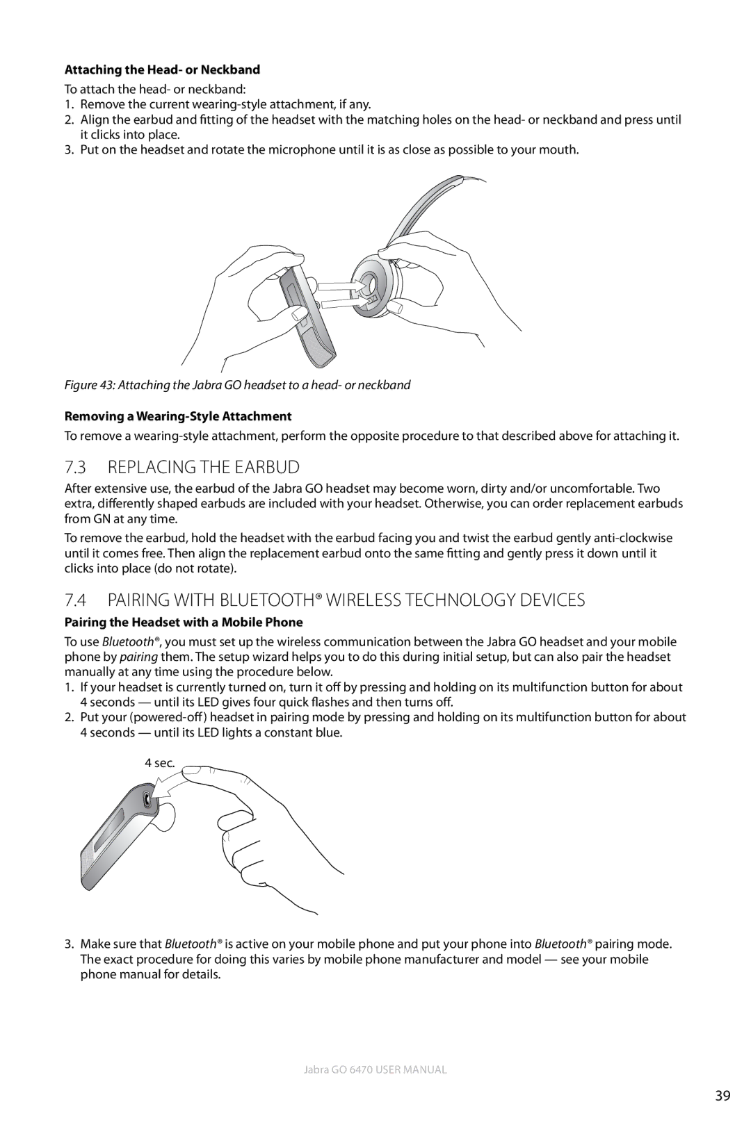 Jabra GO 6470 Replacing the Earbud, Pairing with Bluetooth wireless technology Devices, Attaching the Head- or Neckband 