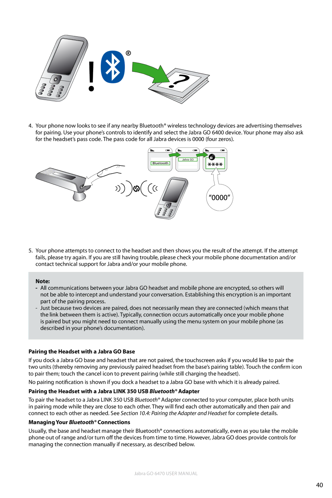 Jabra GO 6470 user manual Pairing the Headset with a Jabra GO Base, Managing Your Bluetooth Connections 