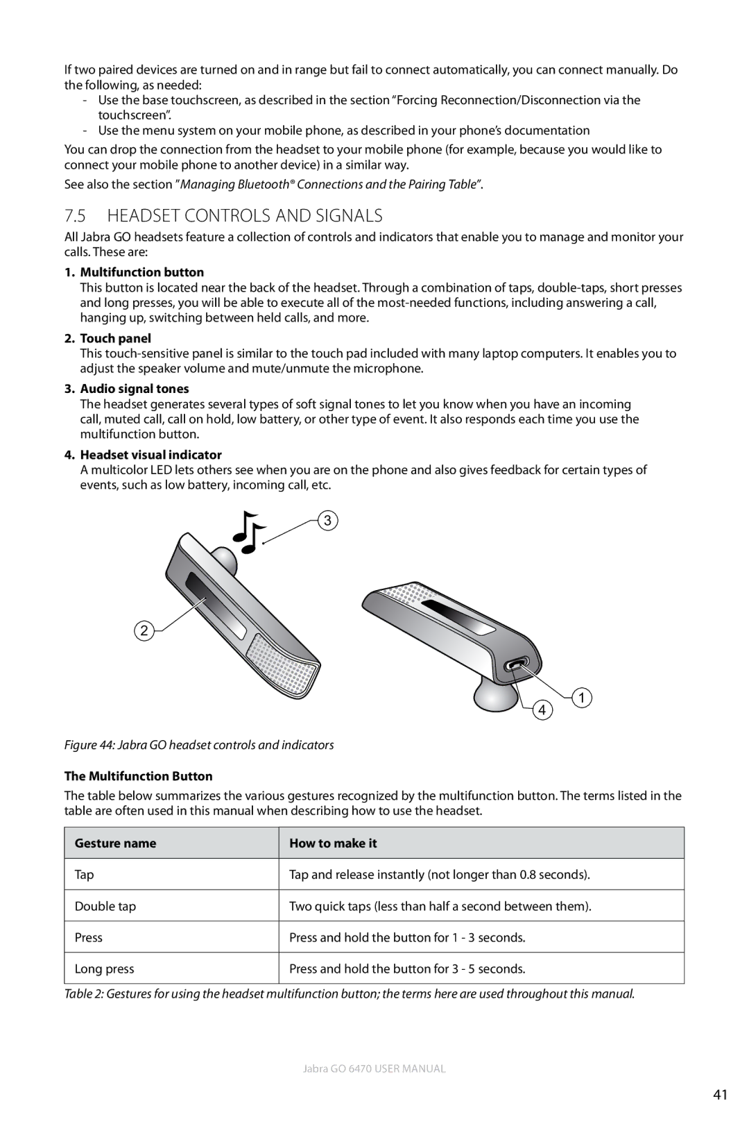 Jabra GO 6470 user manual Headset Controls and Signals, Touch panel, Audio signal tones, Headset visual indicator 