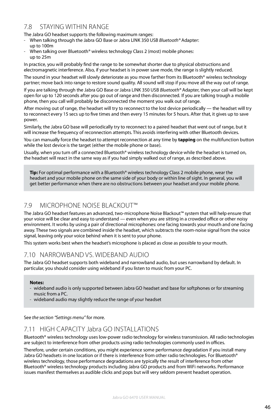 Jabra GO 6470 user manual Staying within Range, Microphone Noise Blackout, Narrowband vs. Wideband Audio 