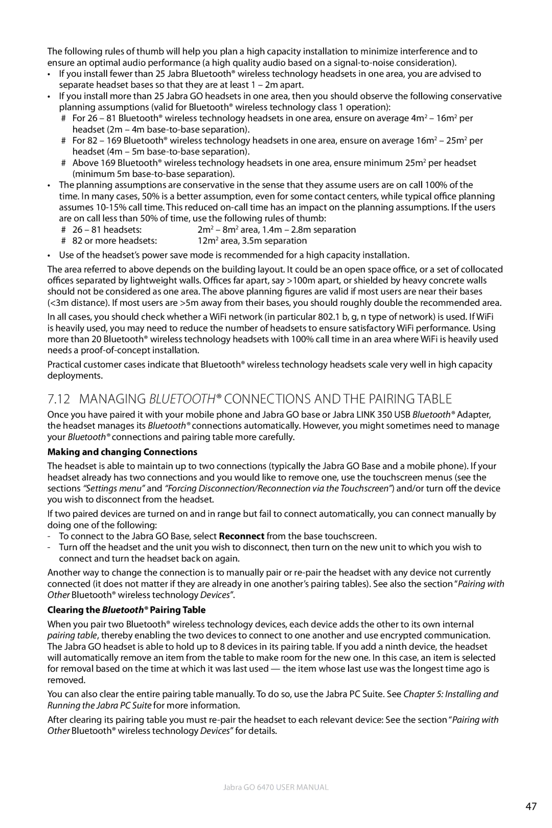 Jabra GO 6470 user manual Managing Bluetooth Connections and the Pairing Table, Making and changing Connections 