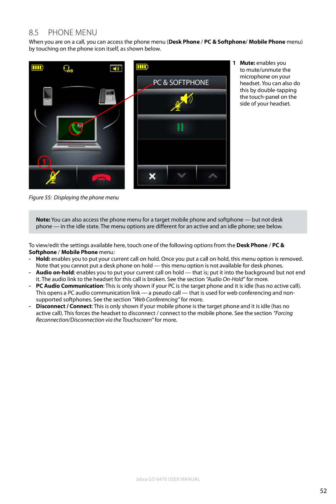 Jabra GO 6470 user manual Phone menu, PC & Softphone 