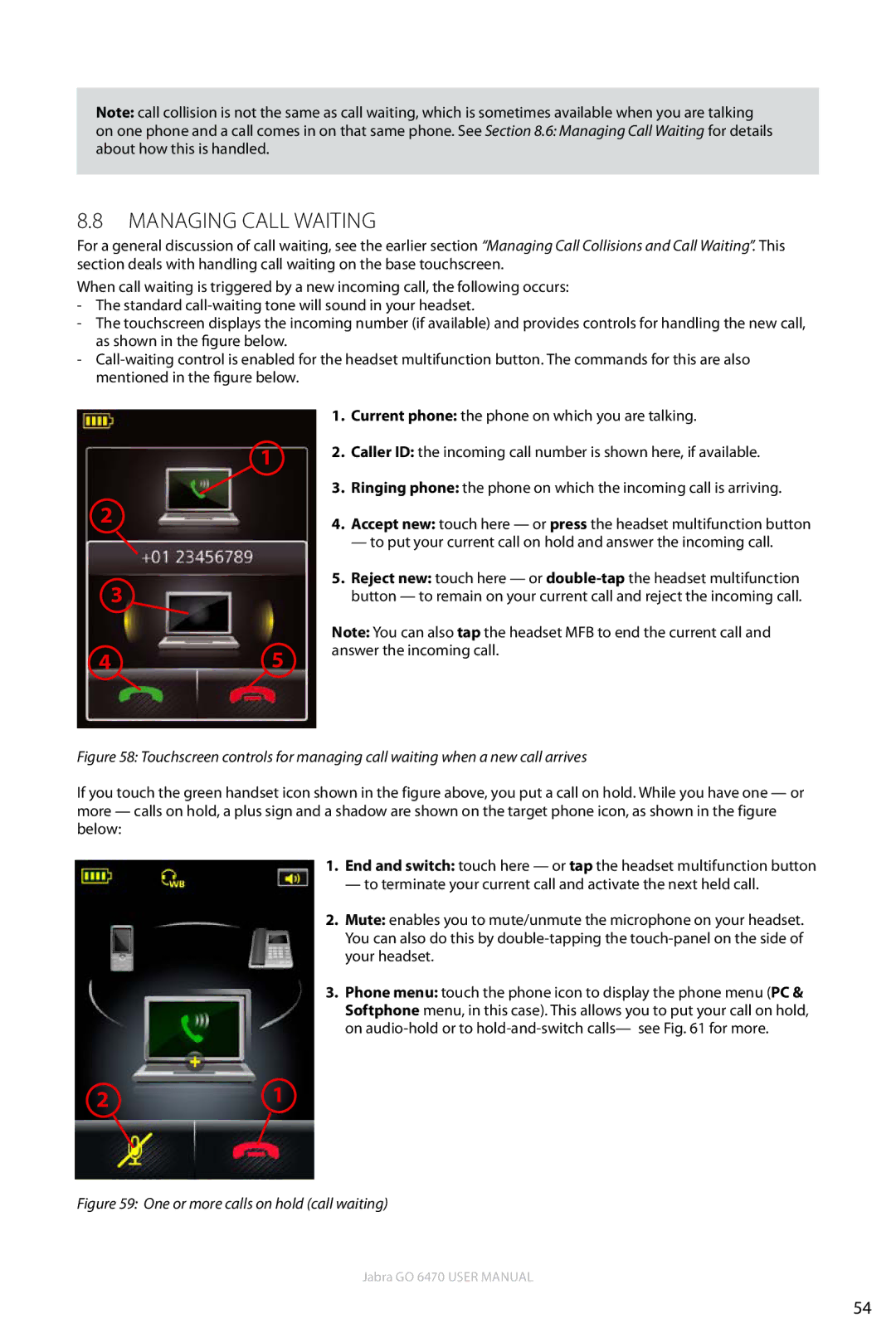 Jabra GO 6470 user manual Managing Call Waiting, One or more calls on hold call waiting 