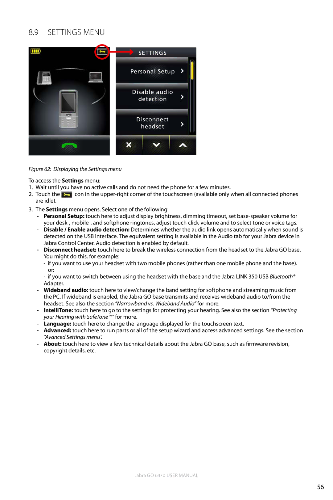 Jabra GO 6470 user manual SettingS Menu, Settings 