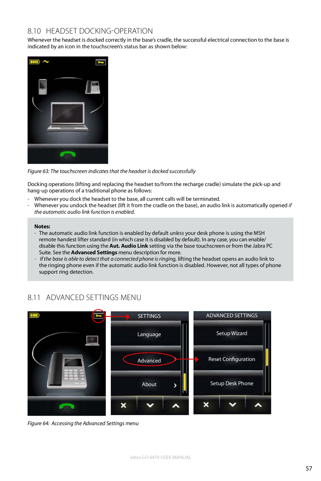 Jabra GO 6470 user manual Headset Docking-Operation, Advanced settings menu 