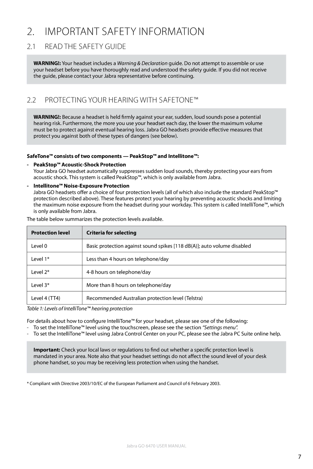 Jabra GO 6470 user manual Important Safety Information, Read the Safety guide Protecting your Hearing with SafeTone 