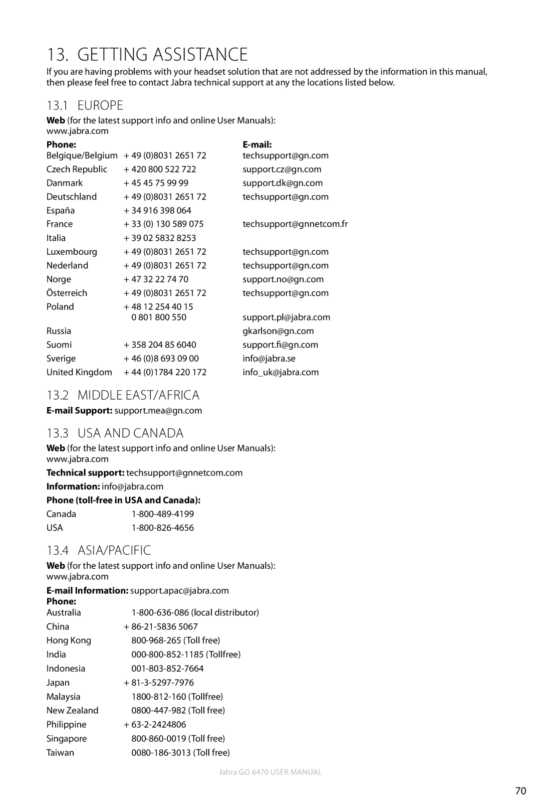 Jabra GO 6470 user manual Getting Assistance, Europe, Middle East/Africa, USA and Canada, Asia/Pacific 