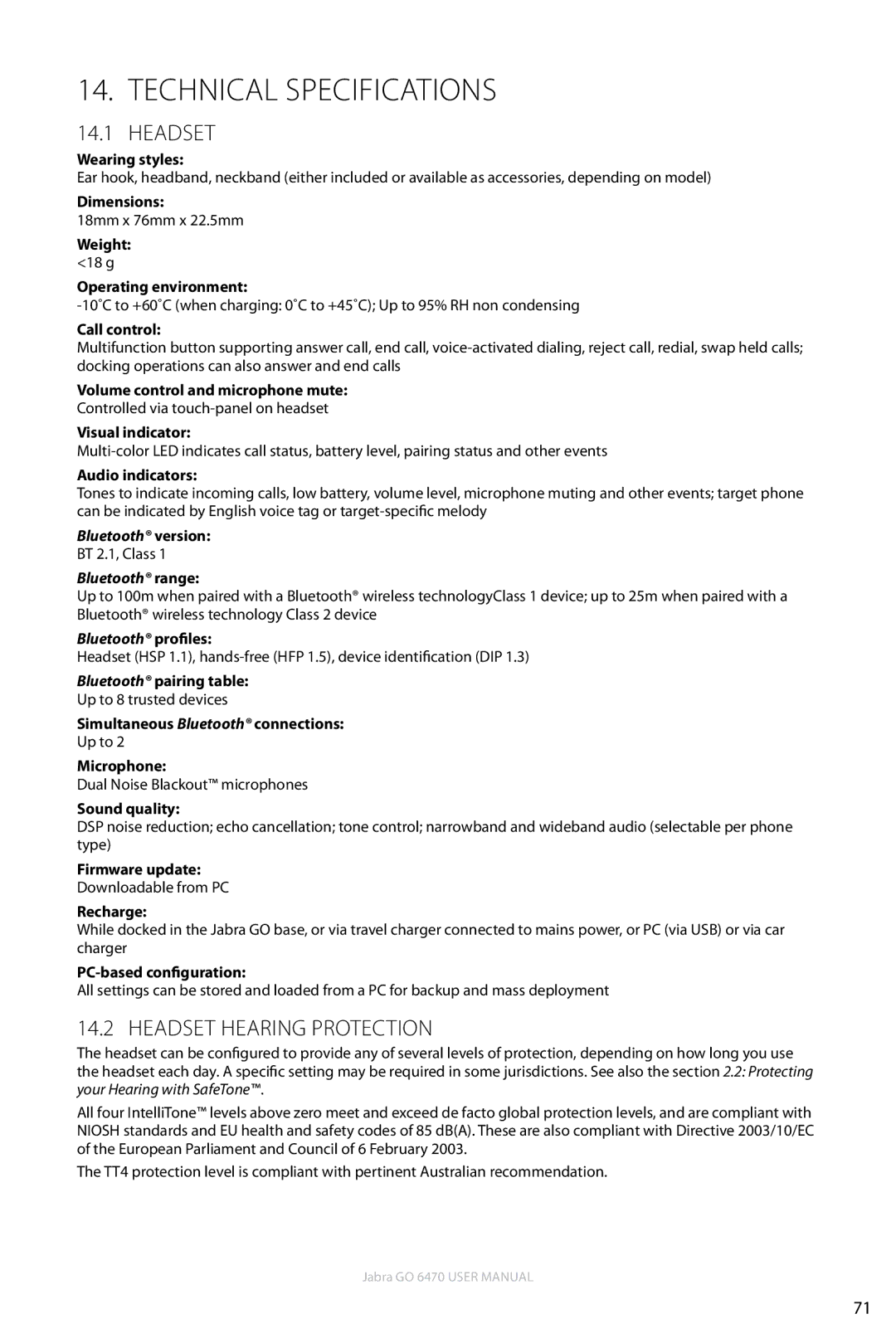 Jabra GO 6470 user manual Technical Specifications, Headset Hearing Protection 