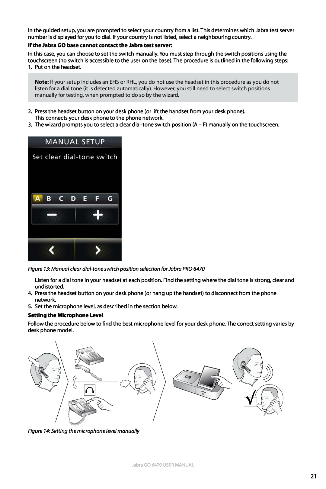 Jabra GO 6470 user manual Manual Setup, Set clear dial-toneswitch, Setting the Microphone Level 