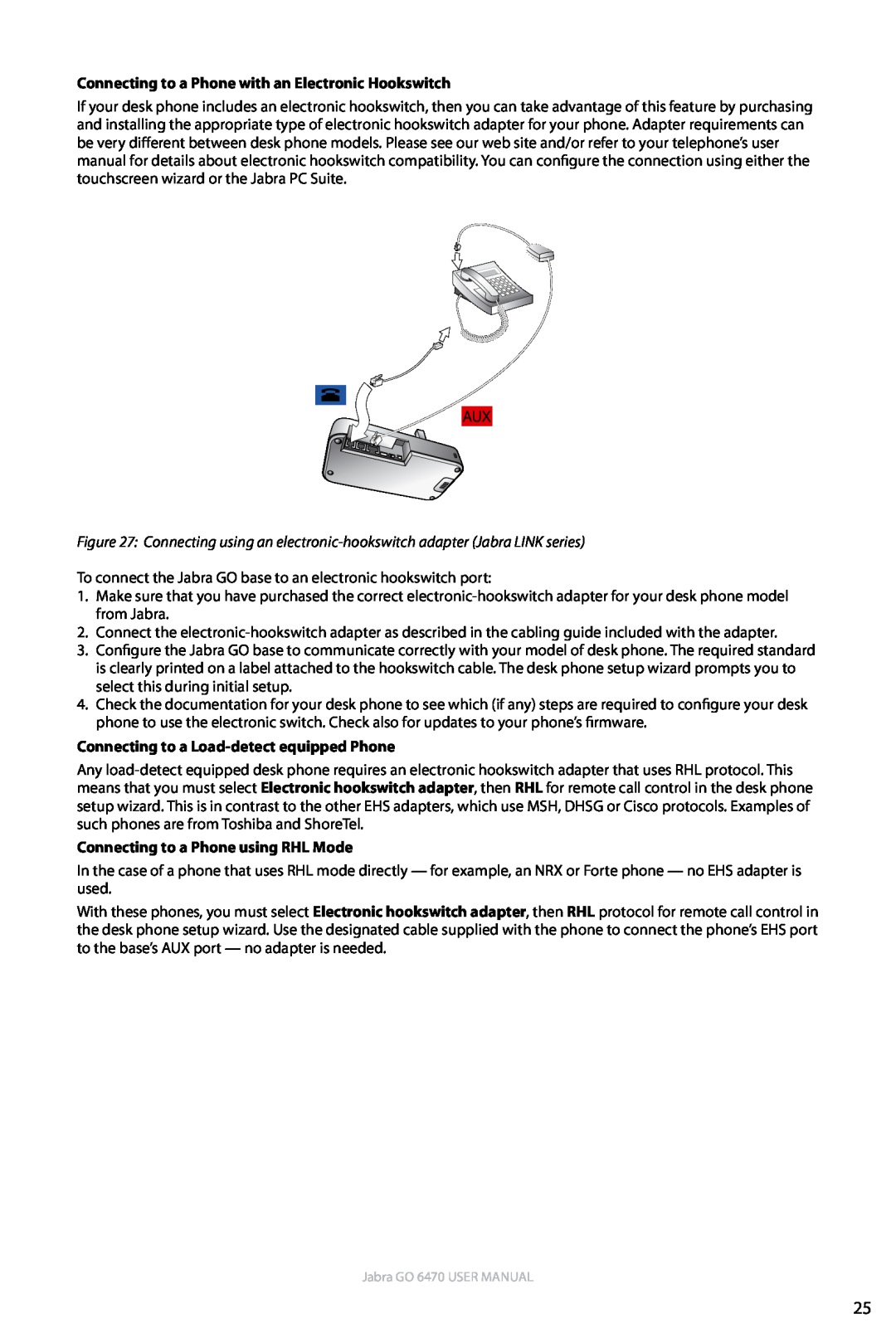 Jabra GO 6470 user manual Connecting to a Load-detectequipped Phone, Connecting to a Phone using RHL Mode 